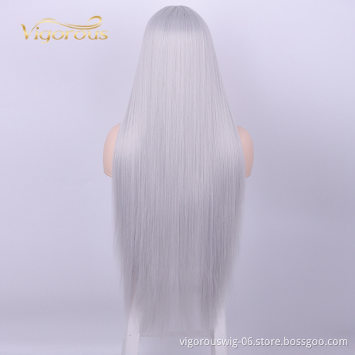 Machine Made Gray Long Straight Soft Silky U Part High Quality Swiss Lace Frontal Afro Cheap Synthetic Wigs